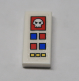 Lego Tile 1 x 2 with Skull Computer Red, Blue, and Yellow Control Buttons Pattern (Sticker) - Set 10192 / White