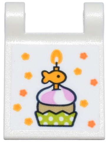 Lego Flag 2 x 2 Square with Flared Edge with Bright Light Orange and Orange Stars, Cupcake with Goldfish Candle and Lime Polka Dot Cup Pattern (Sticker) - Set 42666 / White