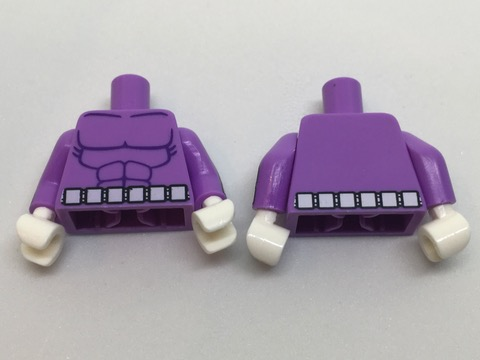 Lego Torso Batman Muscles Outline with Belt with 6 White Squares Front and Reverse Pattern / Medium Lavender Arms with White Squares Pattern / White Hands