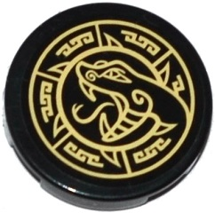 Lego Tile, Round 2 x 2 with Bottom Stud Holder with Gold Snake Head and Geometric Pattern (Sticker) - Set 70749