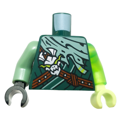 Lego Torso, Odd Arms and Hands, Ninjga Robes Sand Green Cloak, Reddish Brown Straps, Silver Skull print, Left Trans-Bright Green Arm, Yellowish Gren Hand, Right Sand Green Arm and Black Hand / Dark Green