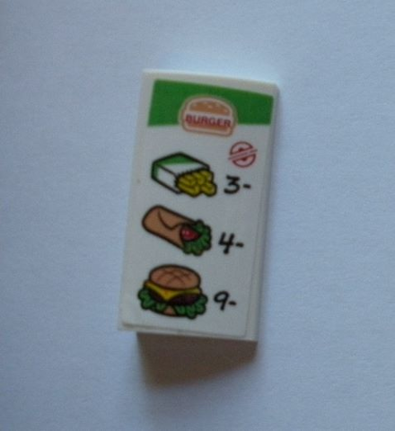 Lego Slope, Curved 2 x 4 x 2/3 with Bottom Tubes with Menu, 'BURGER', Fries, Wrap, Cheeseburger, '3-', '4-', and '9-' Pattern (Sticker) - Set 60214 / White