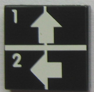 Lego Tile 2 x 2 with White Arrows Up and Left, Numbers 1 and 2 Pattern (Sticker) - Set 8094 / Black