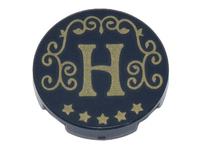 Lego Tile, Round 2 x 2 with Bottom Stud Holder with Gold Capital Letter H, Filigree, and Stars Pattern