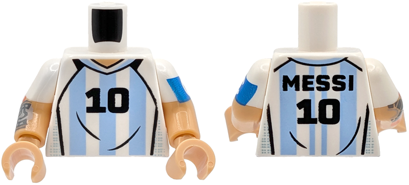 Lego Torso Soccer / Football Jersey Argentina, Bright Light Blue Stripes, Black '10' and 'MESSI' Pattern / Medium Tan Arm Left with Molded White Short Sleeve and Printed Captain's Armband Pattern / Medium Tan Arm Right with Molded White Short Sleeve and Printed Tattoo Pattern / Medium Tan Hands