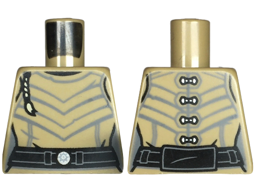 Lego Torso Female SW Leather Armor with Dark Bluish Gray Chevron Lines, Tan Hair Braid, Black Belt with Silver Buckle, Clasps on Back Pattern / Dark Tan
