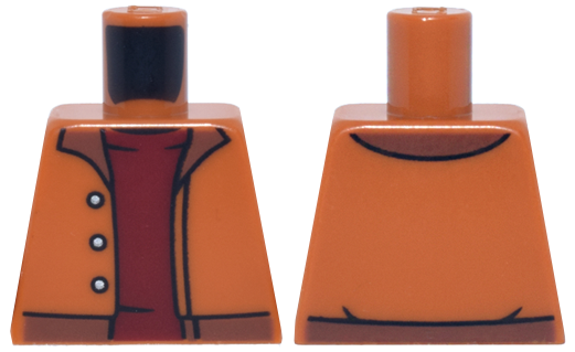 Lego Torso Jacket Open with 3 Silver Buttons, Reddish Brown Waistband and Collar over Dark Red Shirt Pattern / Dark Orange