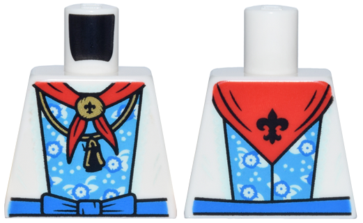 Lego Torso Dress with Dark Azure Flower Panel, Blue Bow Belt, Red Boy Scouts Bandana with Black Fleur-de-lis, Gold Necklace Pattern / White