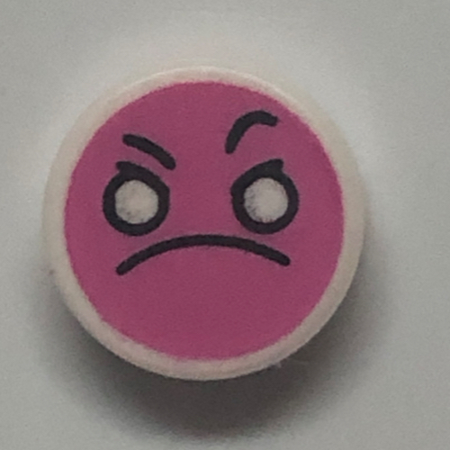 Lego Tile Round 1 x 1 with Dark Pink Angry Face, Raised Eyebrow Print