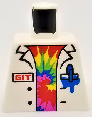 Lego Torso Lab Coat with Blue Pen and Ink Stain, Red 'GIT' over Shirt with Rainbow Swirl Pattern / White