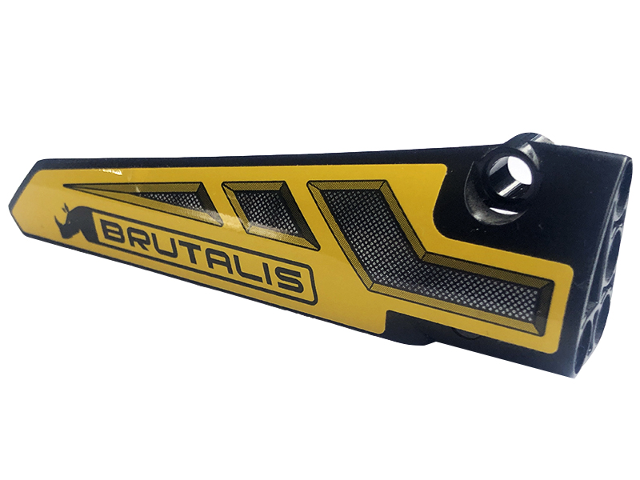 Lego Technic, Panel Fairing # 6 Long Smooth, Side B with Grilles, 'BRUTALIS' and Rhino on Yellow Background Pattern (Sticker) - Set 42094 / Black