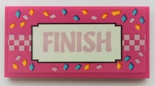 Lego Tile 2 x 4 with Metallic Pink 'FINISH' and Checkered Line, Medium Azure and Bright Light Orange Confetti Pattern (Sticker) - Set 41352