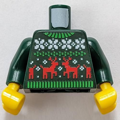 Lego Torso, Christmas Sweater with White/Bright Green Decorations, Red Reindeer Print, Dark Green Arms, Yellow Hands / Dark Green