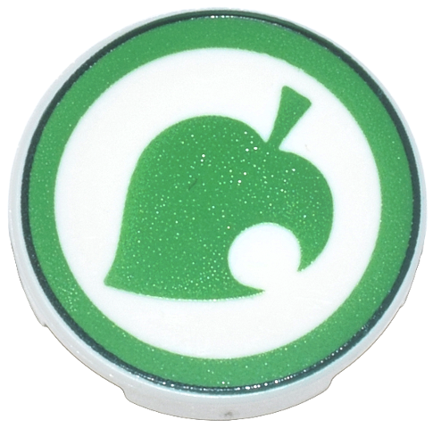 Lego Tile, Round 2 x 2 with Bottom Stud Holder with Bright Green Leaf with Circle Cutout and Dark Green Border Pattern (Animal Crossing New Leaf Logo)
