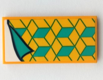 Lego Tile 2 x 4 with Blanket with Dark Turquoise and Yellow Diamonds, White Bedsheet Pattern (Sticker) - Set 41381 / Bright Light Orange