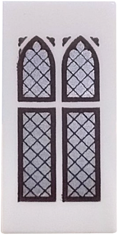 Lego Tile 1 x 2 with 2 Silver Arched and Rectangular Windows with Dark Bluish Gray Frame and Lattice Pattern