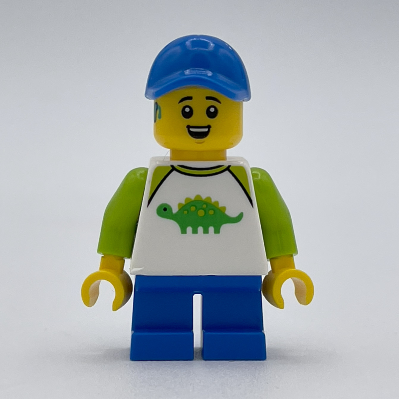 Lego Boy, Dinosaur Shirt, Short Blue Legs, Blue Cap