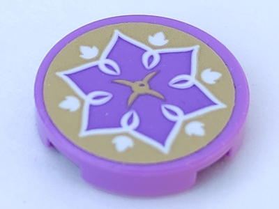 Lego Tile, Round 2 x 2 with Bottom Stud Holder with Gold Cushion, White Leaves and Medium Lavender Flower Pattern (Sticker) - Set 41075