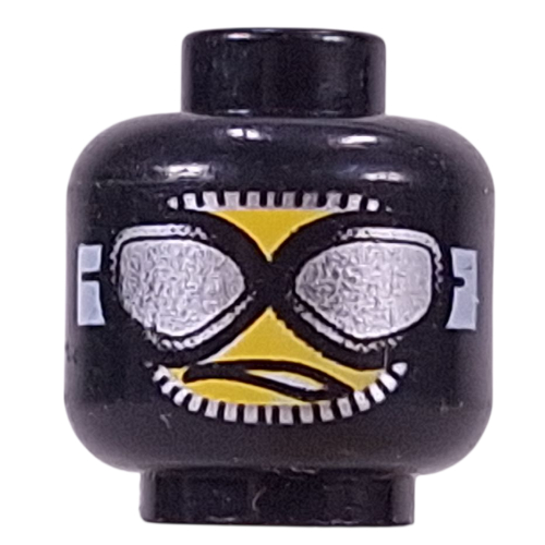 Lego Minifig Head, Balaclava with Silver Goggles, Downturned Partly Opened Mouth Print / Black