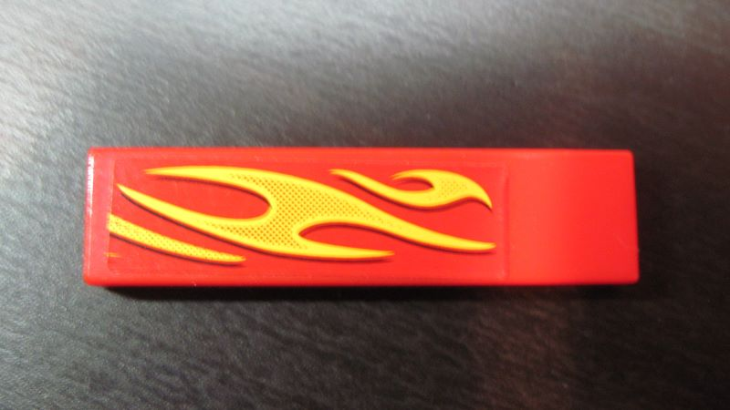 Lego Tile 1 x 4 with Yellow Flames Pattern Model Front Left Side (Sticker) - Set 8667 / Red