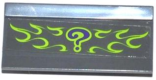 Lego Vehicle, Spoiler / Plow Blade 6 x 3 with Hinge with Dark Purple Question Mark and Lime Flames Pattern (Sticker) - Set 76012