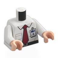 Lego Torso, Shirt, Black Belt, Dark Red Tie, ID Badge Print, White Arms, Light Nougat Hands / White