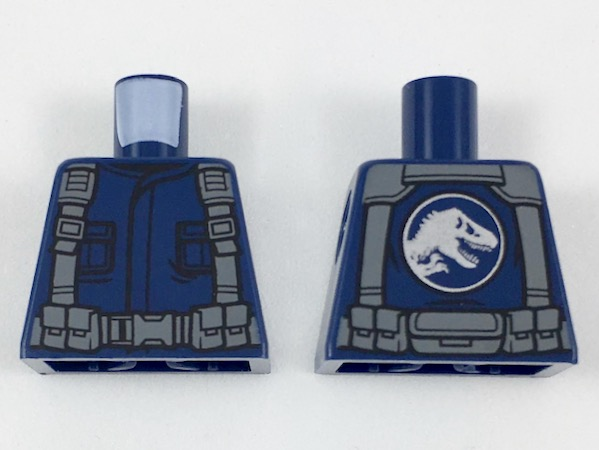 Lego Torso Shirt with Pockets, Dark Bluish Gray Suspenders and Belt with Pouches, Silver Jurassic World Logo on Back Pattern / Dark Blue