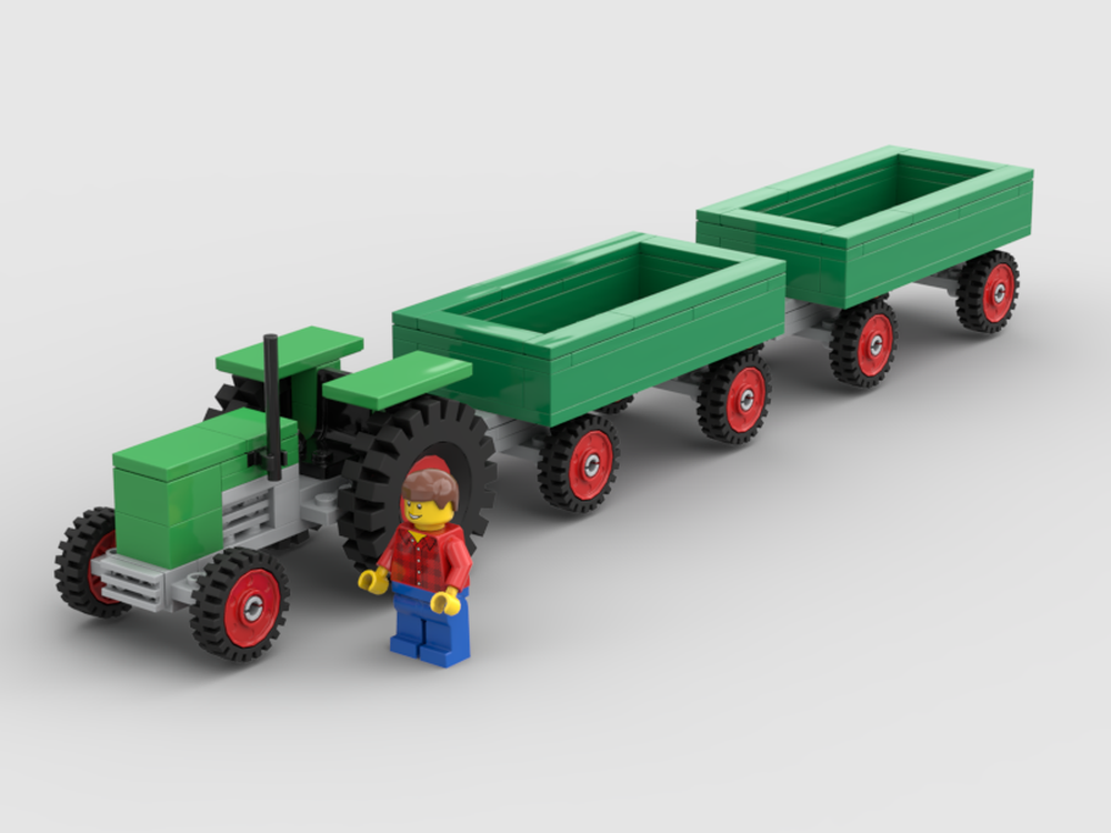 Lego Green Tractor with double trailer and minifigure