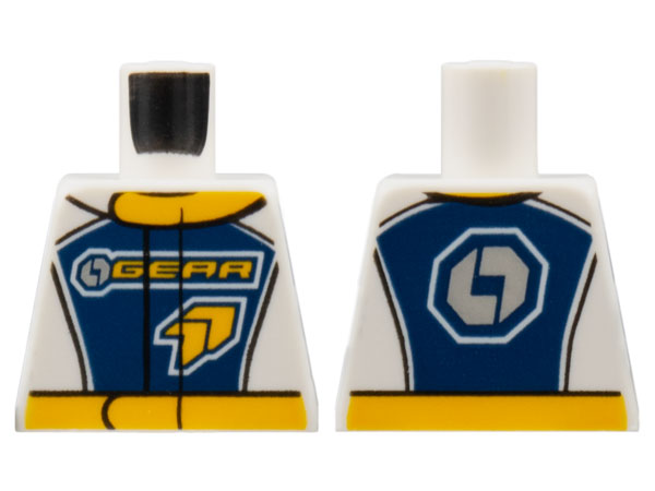 Lego Torso Racing Suit with 'GEAR' Racing Team Logo on Front and Gear on Back Pattern / White
