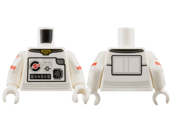 Lego Torso Astronaut Spacesuit with Classic Space Logo, Panels and Buttons, Gold Collar Pattern / White Arms with Astronaut Spacesuit Panels, Gold Classic Space Logo, Red Stripe and 3 Light Bluish Gray Lines Pattern / White Hands