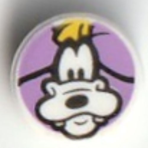 Lego Tile Round 1 x 1 with Goofy on Lavender Background Print / White