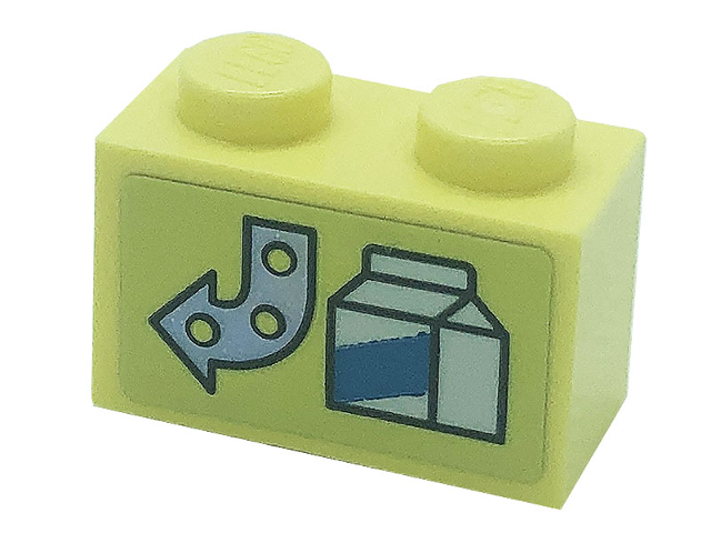 Lego Brick 1 x 2 with Arrow and Drink Carton Pattern (Sticker) - Set 41366 / Bright Light Yellow