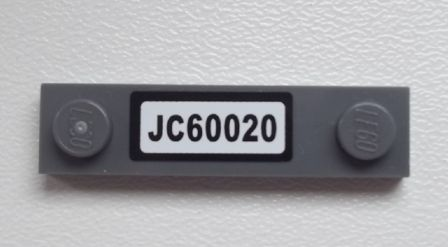 Lego Plate, Modified 1 x 4 with 2 Studs without Groove with 'JC60020' Pattern (Sticker) - Set 60020 / Dark Bluish Gray