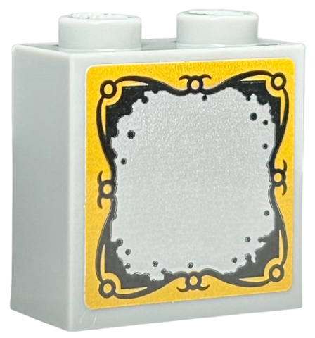 Lego Brick, Modified 1 x 2 x 1 2/3 with Studs on Side with Silver Mirror with Black and Bright Light Orange Ornate Framed Border Pattern (Sticker) - Set 76410
