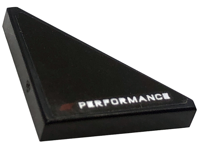 Lego Tile, Modified 2 x 2 Triangular with Dark Red Capital Letter E and White 'PERFORMANCE' Pattern Model Left Side (Sticker) - Set 76909