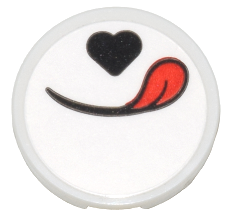 Lego Tile, Round 2 x 2 with Bottom Stud Holder with Black Heart and Smile with Red Tongue Pattern (Sticker) - Set 80036 / White