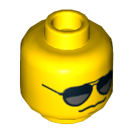 Lego Minifig Head Hero, Black and Silver Sunglasses, Chin Dimple, Grim Mouth Print [Hollow Stud] / Yellow