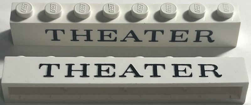 Lego Brick 1 x 8 without Bottom Tubes with Cross Side Supports with Black 'THEATER' Serif Pattern