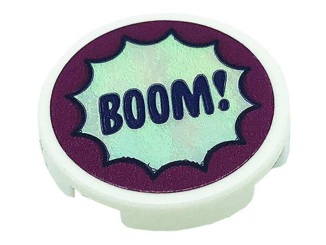 Lego Tile, Round 2 x 2 with Bottom Stud Holder with 'BOOM!' in Silver Starburst on Magenta Background Pattern (Sticker) - Set 41685 / White