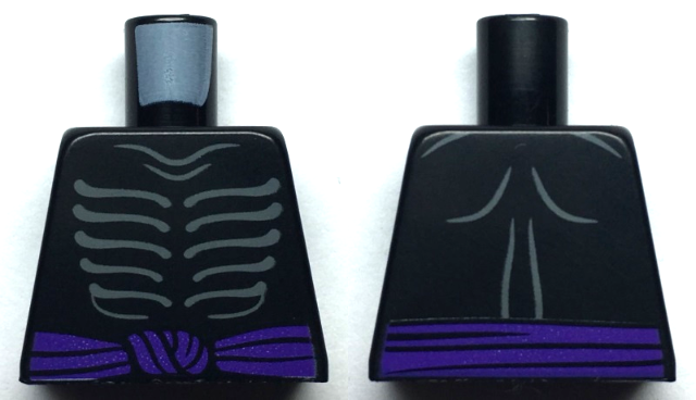 Lego Torso Ninjago Skeleton Ribs Gray and Dark Purple Waist Sash with Gray Muscles Outline on Back Pattern / Black