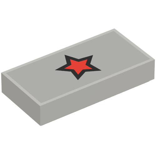 Lego Tile 1 x 2 with Red Star with Black Outline Print / Light Bluish Gray