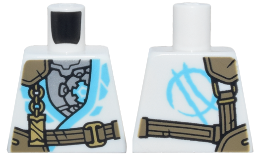 Lego Torso Tunic with Medium Azure Trim, Silver Mechanical Armor, Dark Tan Strap, Gold Clasp and Charm with Ninjago Logogram Letter Z Pattern / White