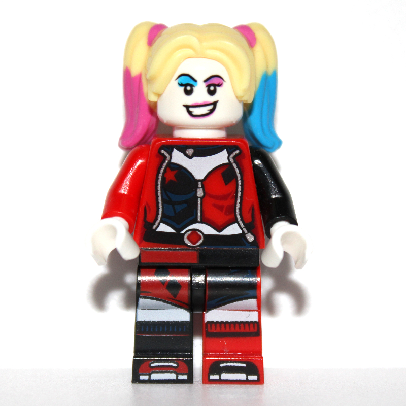 Lego Harley Quinn in Black and Red Jester Outfit, Bright Light Yellow Hair with Magenta and Azure Highlights