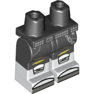 Lego Hips with Black Legs and White Boots Pattern with Silver Belt, Pockets, Yellow Lightning Symbols, Knee Pads, Dark Bluish Gray Tips, Silver Chain / Black