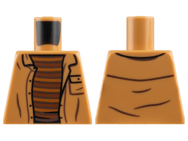 Lego Torso Shirt Open with Pocket over Shirt with Dark Brown, Medium Nougat, and Reddish Brown Stripes Pattern / Medium Nougat