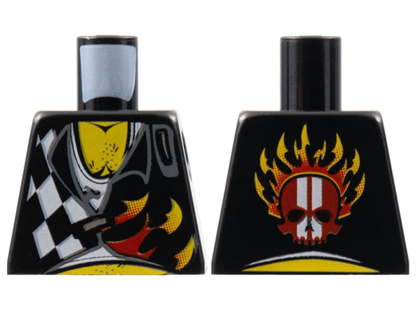 Lego Torso World Racers - Checkered Pattern with Flames, Chest Hair on Front, Skull on Back / Black