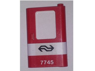 Lego Door 1 x 4 x 5 Train Right, Thin Support at Bottom with White Stripe and Dutch NS '7745' Pattern (Sticker) - Set 7745 / Red