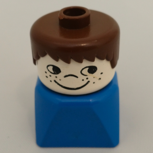 Lego Duplo 2 x 2 x 2 Figure Brick Early, Short Spiky Hair Brown, Cheek Freckles Print / Blue