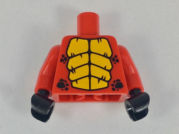 Lego Torso with Bright Light Orange Large Scales, Black Small Scales Pattern / Red Arms with Black Scales Pattern / Black Hands