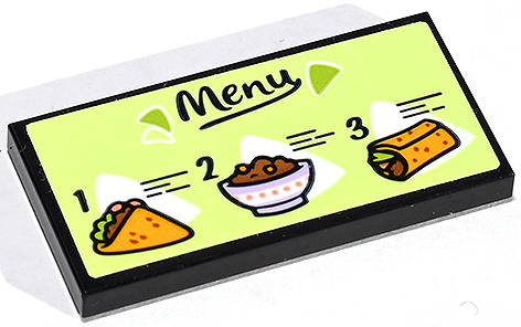 Lego Tile 2 x 4 with Dark Blue 'Menu' with Taco, Bowl, Burrito and Number 1, 2 and 3 on Yellowish Green Background Pattern (Sticker) - Set 41747 / Black
